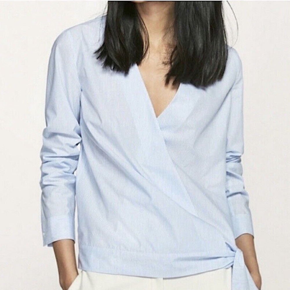 Mossimo Dutti Blue Pin Striped Wrap Top Blouse Cotton Long Sleeve…